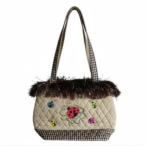 Vintage Y2K Beige Quilted Shoulder Bag with Multicolor Ladybug Embroidery